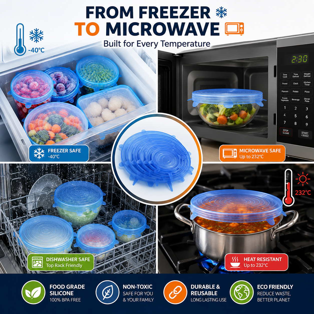 6 Pcs Silicone Stretch Lids Set | Reusable Food Covers