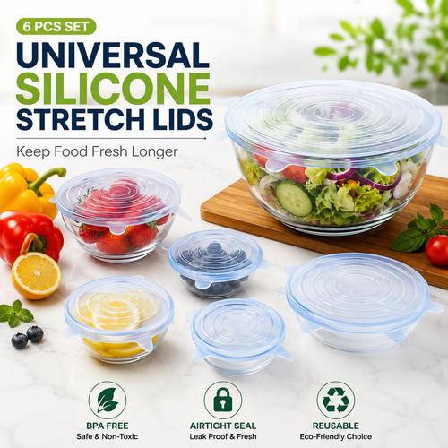 6 Pcs Silicone Stretch Lids Set with bowls and fresh vegetables
