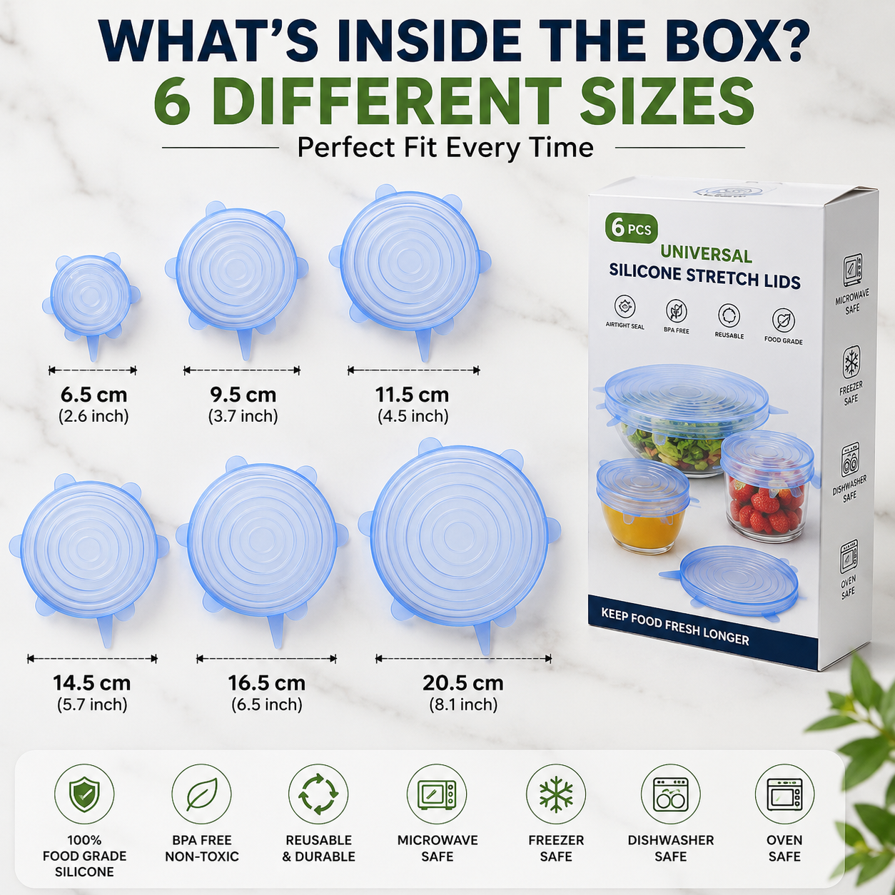 6 Pcs Silicone Stretch Lids Set | Reusable Food Covers