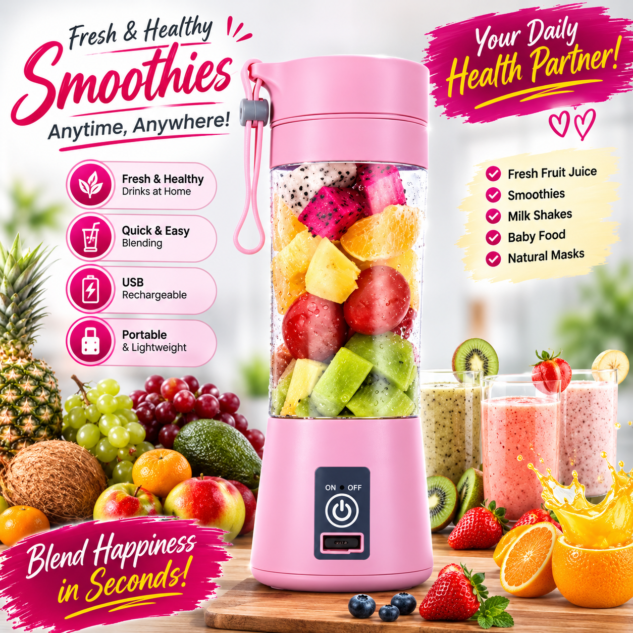 Portable USB Rechargeable Mini Blender Bottle
