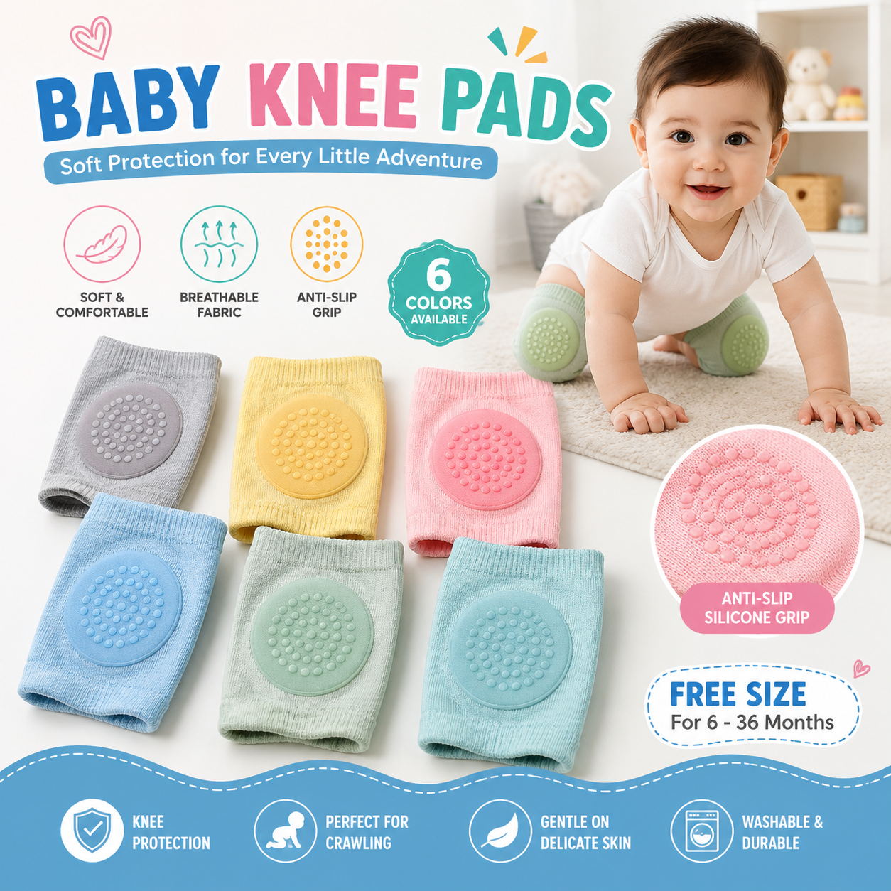 Premium Anti-Slip Baby Knee Pads for Crawling, Breathable & Adjustable (1 Pair)