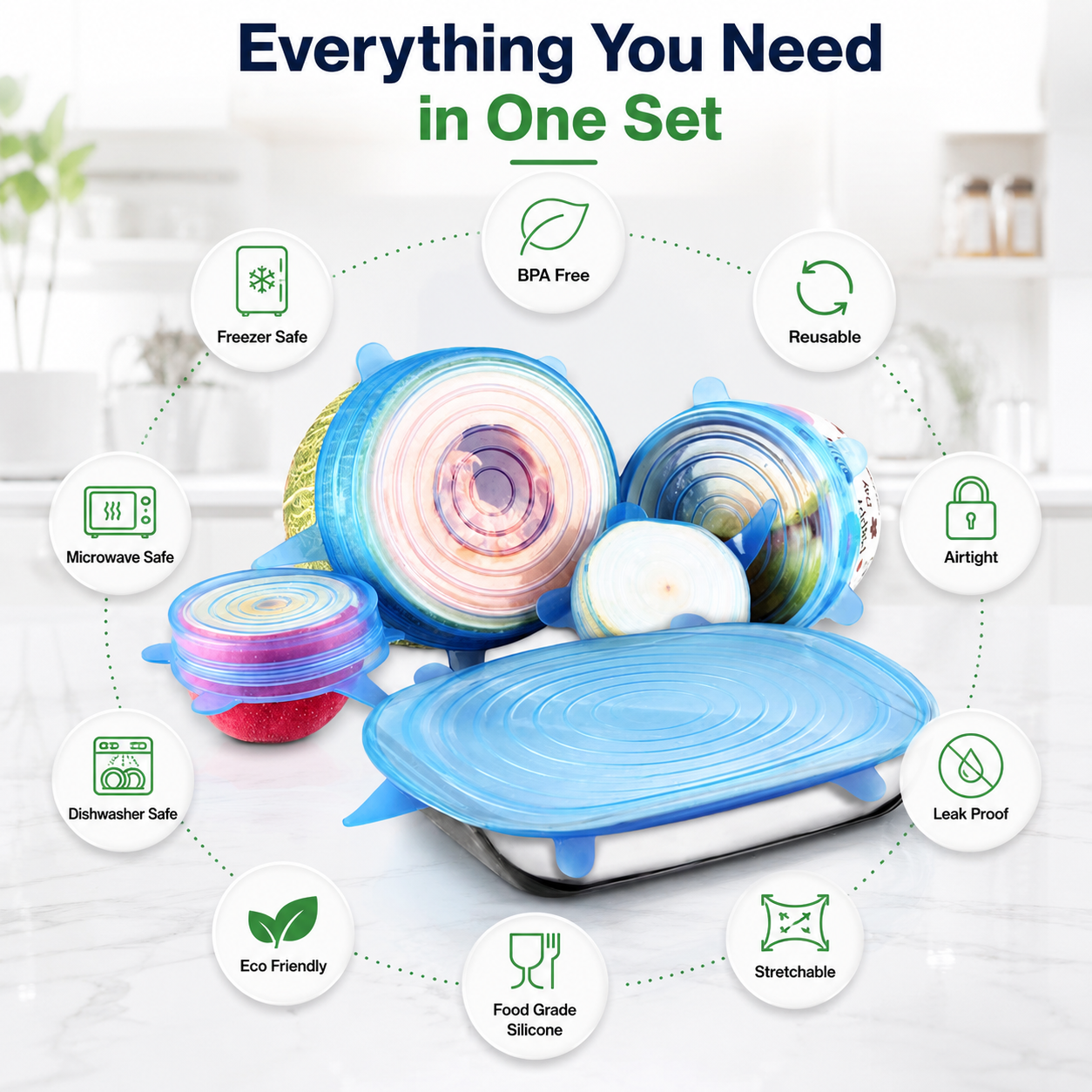6 Pcs Silicone Stretch Lids Set | Reusable Food Covers